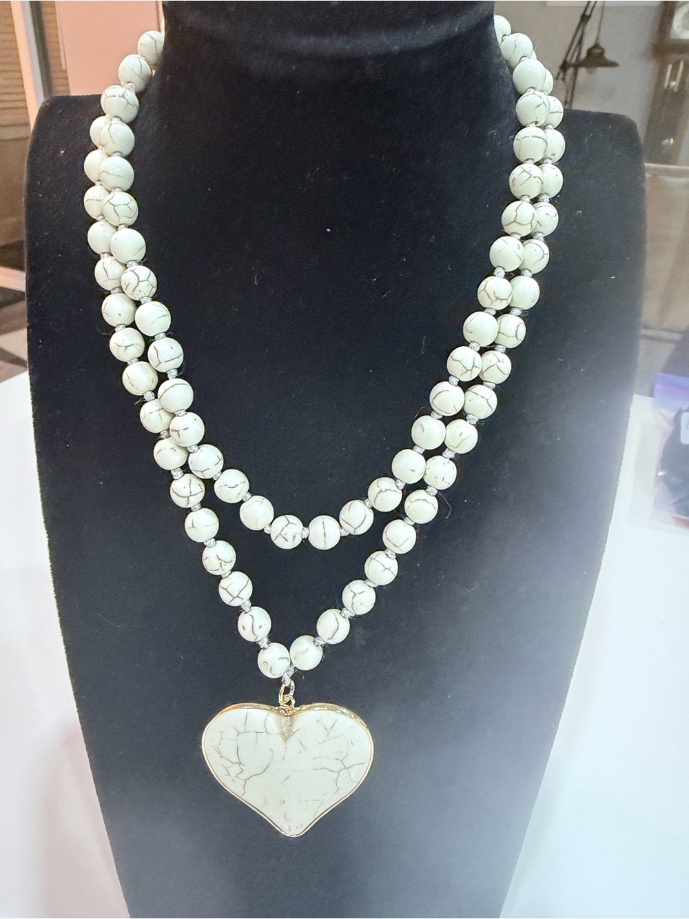 White Howlite Beaded Double-Strand Necklace with Heart Pendant